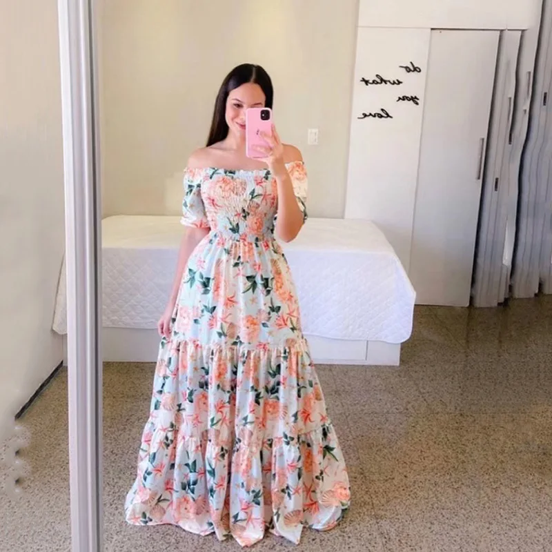 Woman Long Dresses for Flower Suspender Female Summer Party short Elegant Casual Boho Holiday Dress Girl Off Shoulder Lady Print