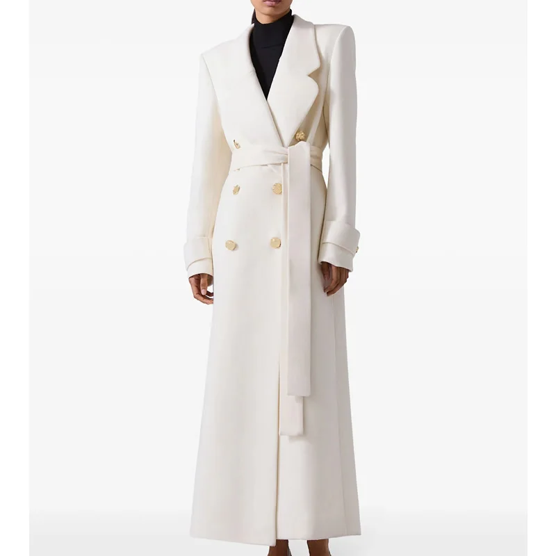Winter Warm Women Woolen Coat Fashion White Turn-Down Collar Long Wool Coat With Belt