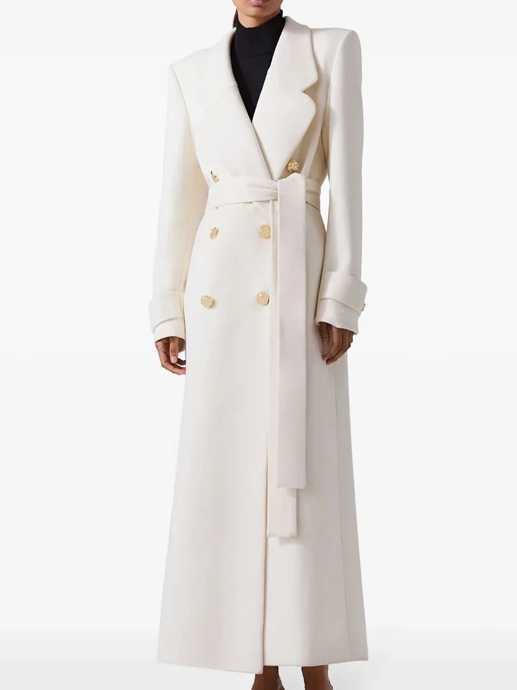 Winter Warm Women Woolen Coat Fashion White Turn-Down Collar Long Wool Coat With Belt