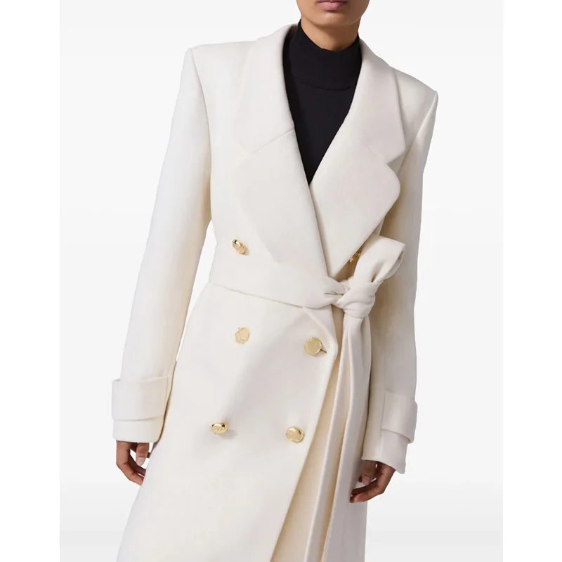 Winter Warm Women Woolen Coat Fashion White Turn-Down Collar Long Wool Coat With Belt