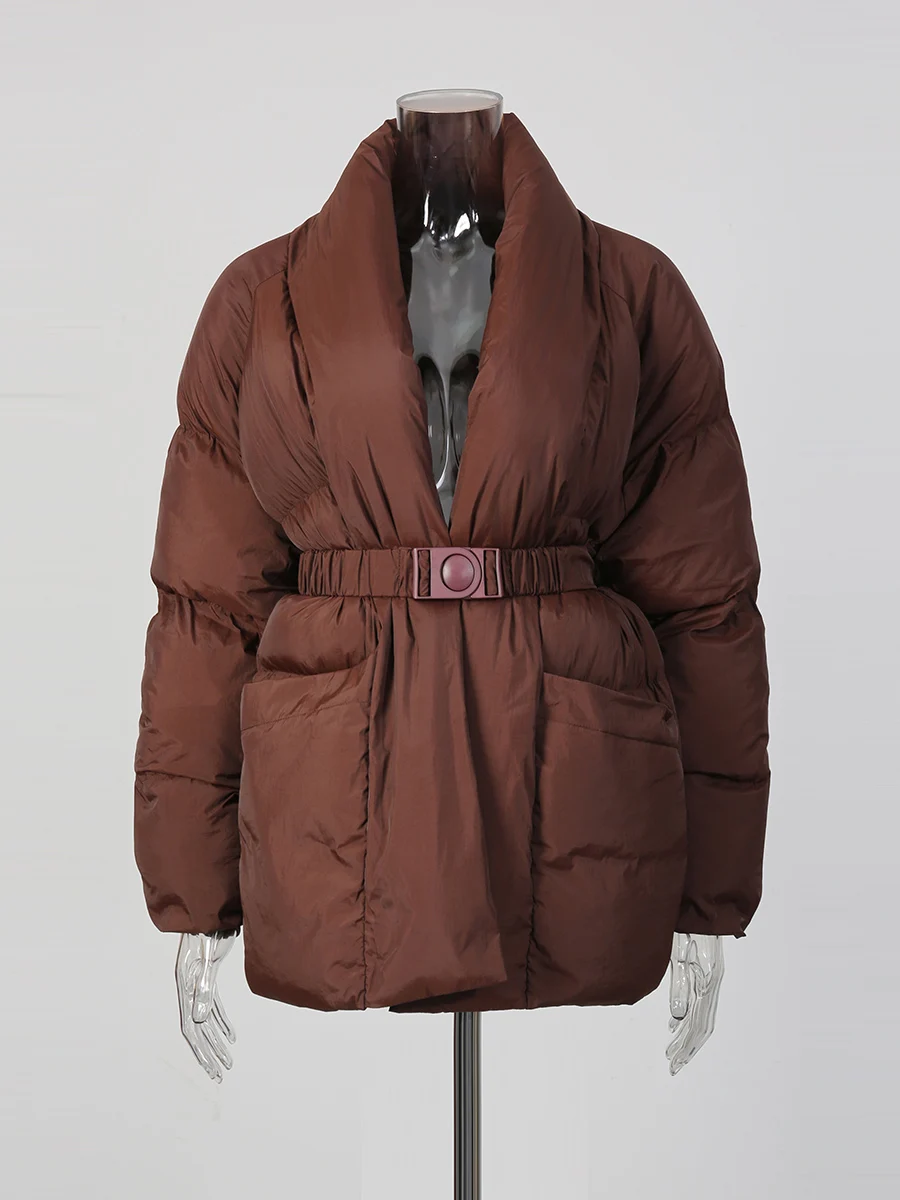 TWOTWINSTYLE Solid Spliced Belt Loose Jackets for Women V Neck Long Sleeve Temperament Parkas Female Fashion Style