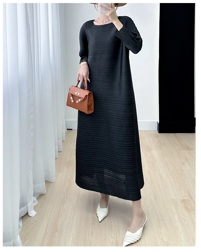 Miyake Pleated Full Sleeve Dress Women's 2025 Summer Korean Fashion Simple Round Neck Long Plus Size Medium Long Dress