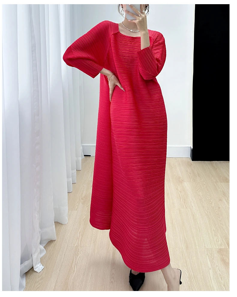 Miyake Pleated Full Sleeve Dress Women's 2025 Summer Korean Fashion Simple Round Neck Long Plus Size Medium Long Dress