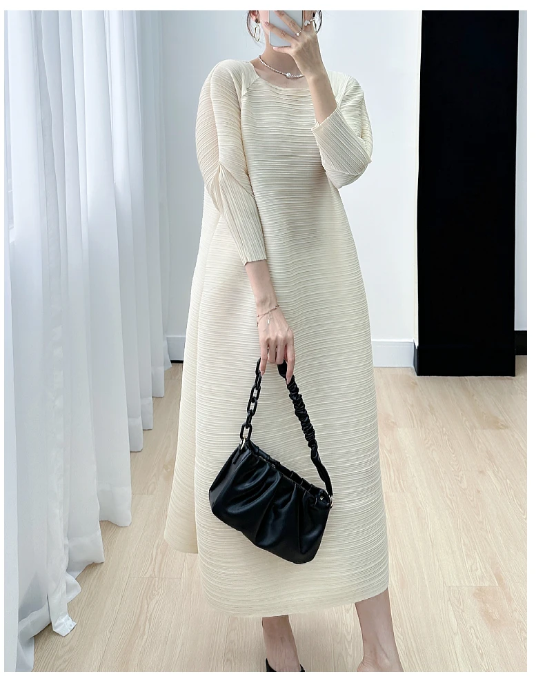 Miyake Pleated Full Sleeve Dress Women's 2025 Summer Korean Fashion Simple Round Neck Long Plus Size Medium Long Dress