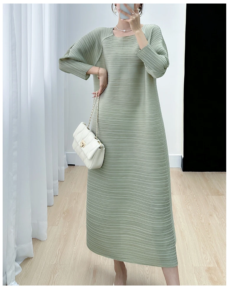 Miyake Pleated Full Sleeve Dress Women's 2025 Summer Korean Fashion Simple Round Neck Long Plus Size Medium Long Dress