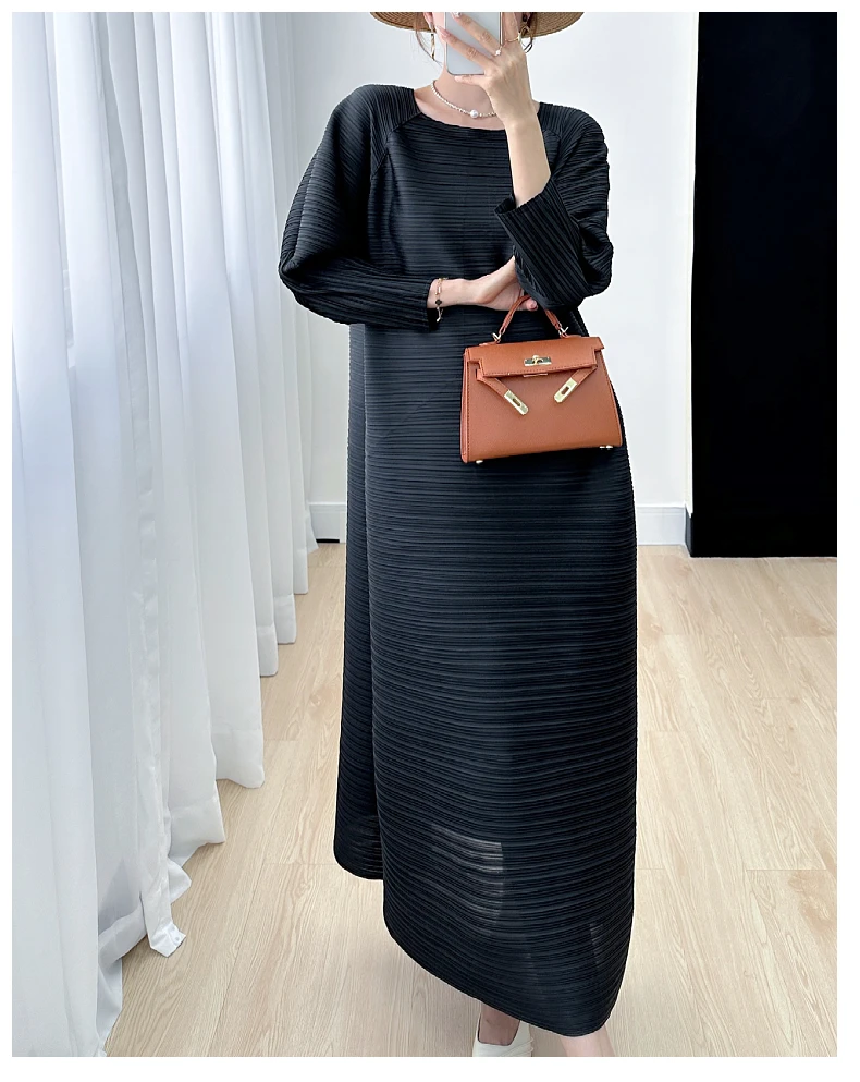 Miyake Pleated Full Sleeve Dress Women's 2025 Summer Korean Fashion Simple Round Neck Long Plus Size Medium Long Dress