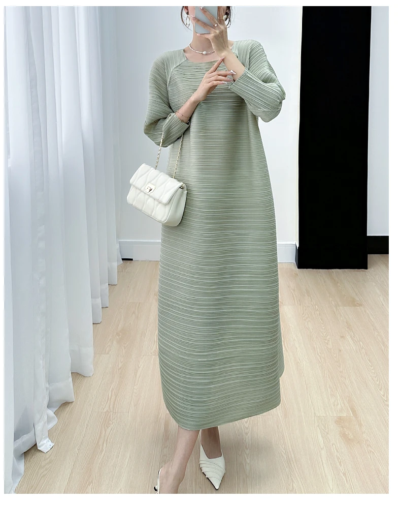Miyake Pleated Full Sleeve Dress Women's 2025 Summer Korean Fashion Simple Round Neck Long Plus Size Medium Long Dress