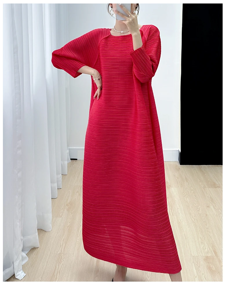 Miyake Pleated Full Sleeve Dress Women's 2025 Summer Korean Fashion Simple Round Neck Long Plus Size Medium Long Dress