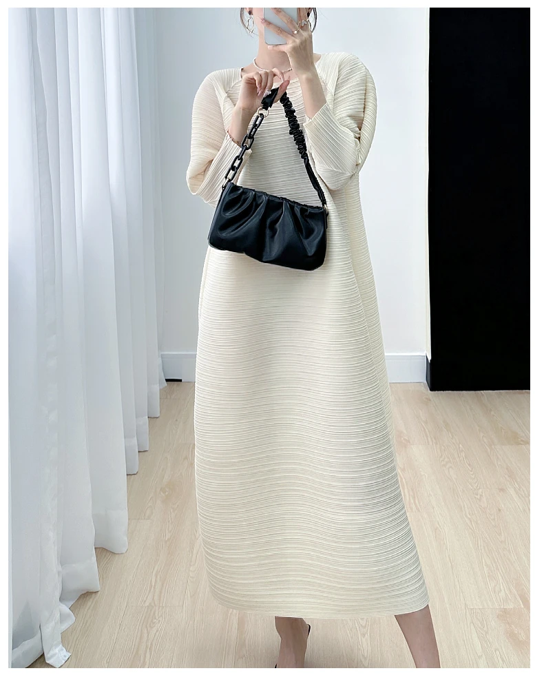 Miyake Pleated Full Sleeve Dress Women's 2025 Summer Korean Fashion Simple Round Neck Long Plus Size Medium Long Dress
