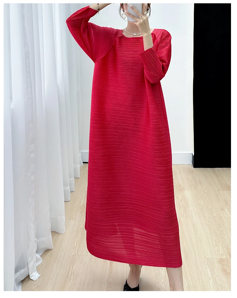 Miyake Pleated Full Sleeve Dress Women's 2025 Summer Korean Fashion Simple Round Neck Long Plus Size Medium Long Dress