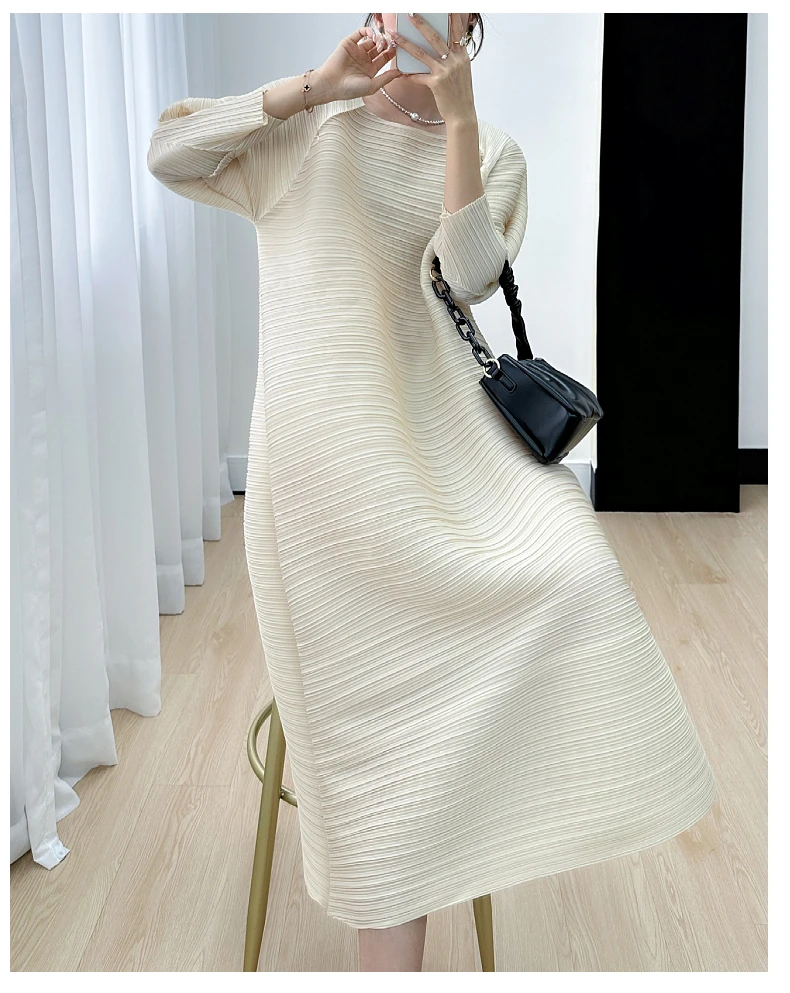 Miyake Pleated Full Sleeve Dress Women's 2025 Summer Korean Fashion Simple Round Neck Long Plus Size Medium Long Dress