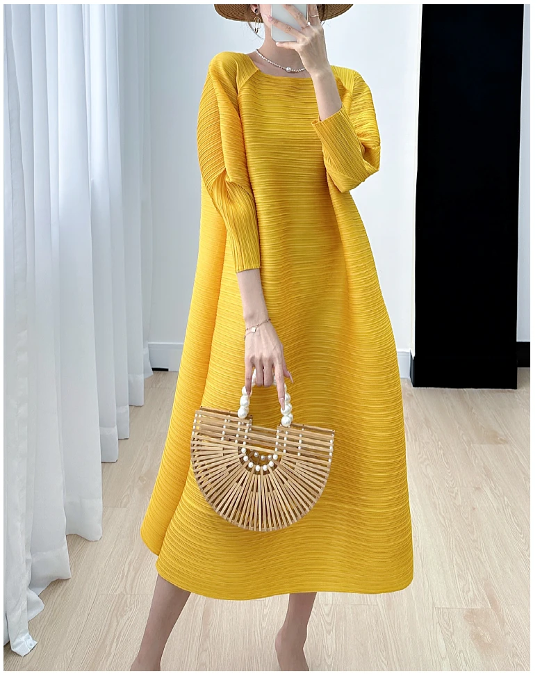 Miyake Pleated Full Sleeve Dress Women's 2025 Summer Korean Fashion Simple Round Neck Long Plus Size Medium Long Dress