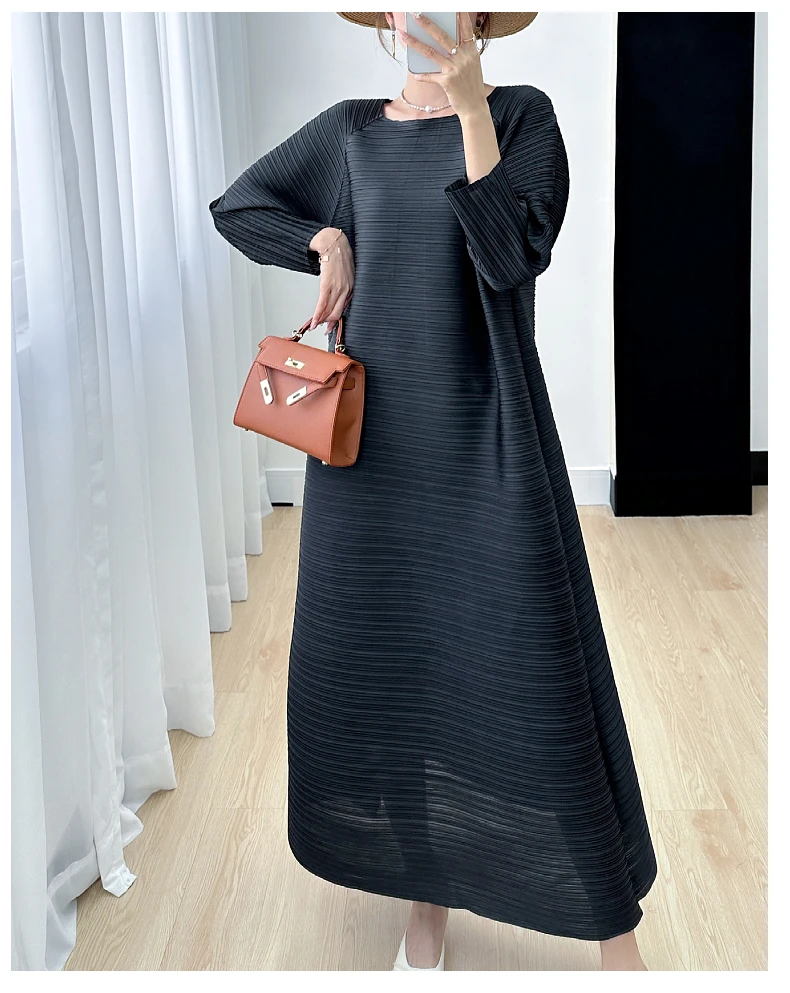 Miyake Pleated Full Sleeve Dress Women's 2025 Summer Korean Fashion Simple Round Neck Long Plus Size Medium Long Dress