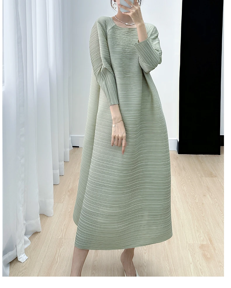 Miyake Pleated Full Sleeve Dress Women's 2025 Summer Korean Fashion Simple Round Neck Long Plus Size Medium Long Dress