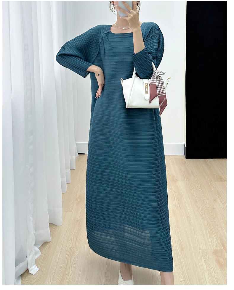 Miyake Pleated Full Sleeve Dress Women's 2025 Summer Korean Fashion Simple Round Neck Long Plus Size Medium Long Dress