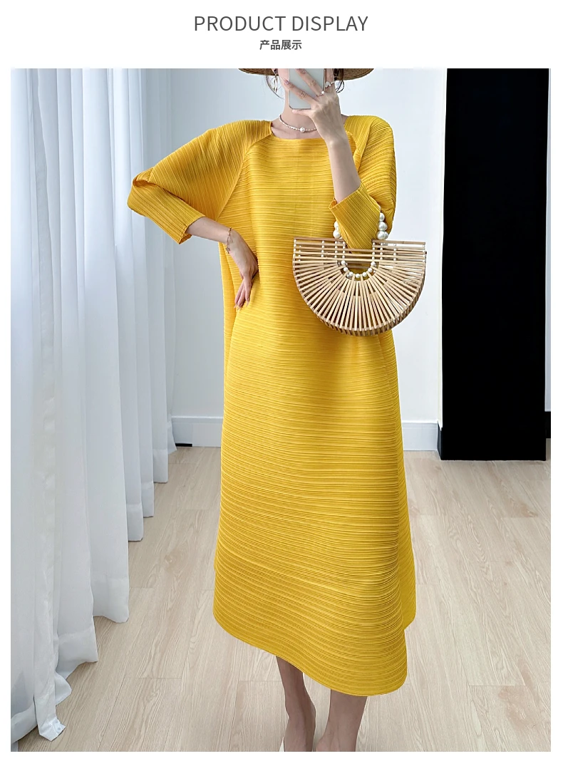 Miyake Pleated Full Sleeve Dress Women's 2025 Summer Korean Fashion Simple Round Neck Long Plus Size Medium Long Dress