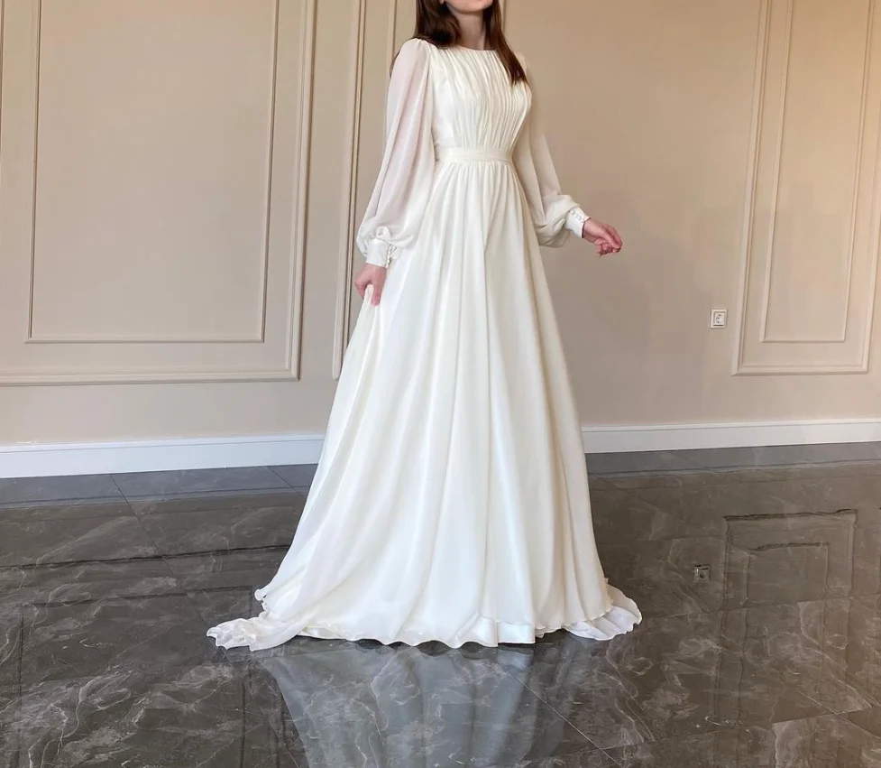 New Spring Fashion Lantern Sleeve O-Neck Solid Color Slim Fit Floor-Length Ball Gown Dress For Women