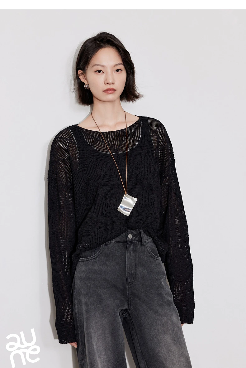 TOYOUTH Women Knitted Sweater 2024 Autumn New Style Diamond Hallow Out Pullover Round Neck Tops