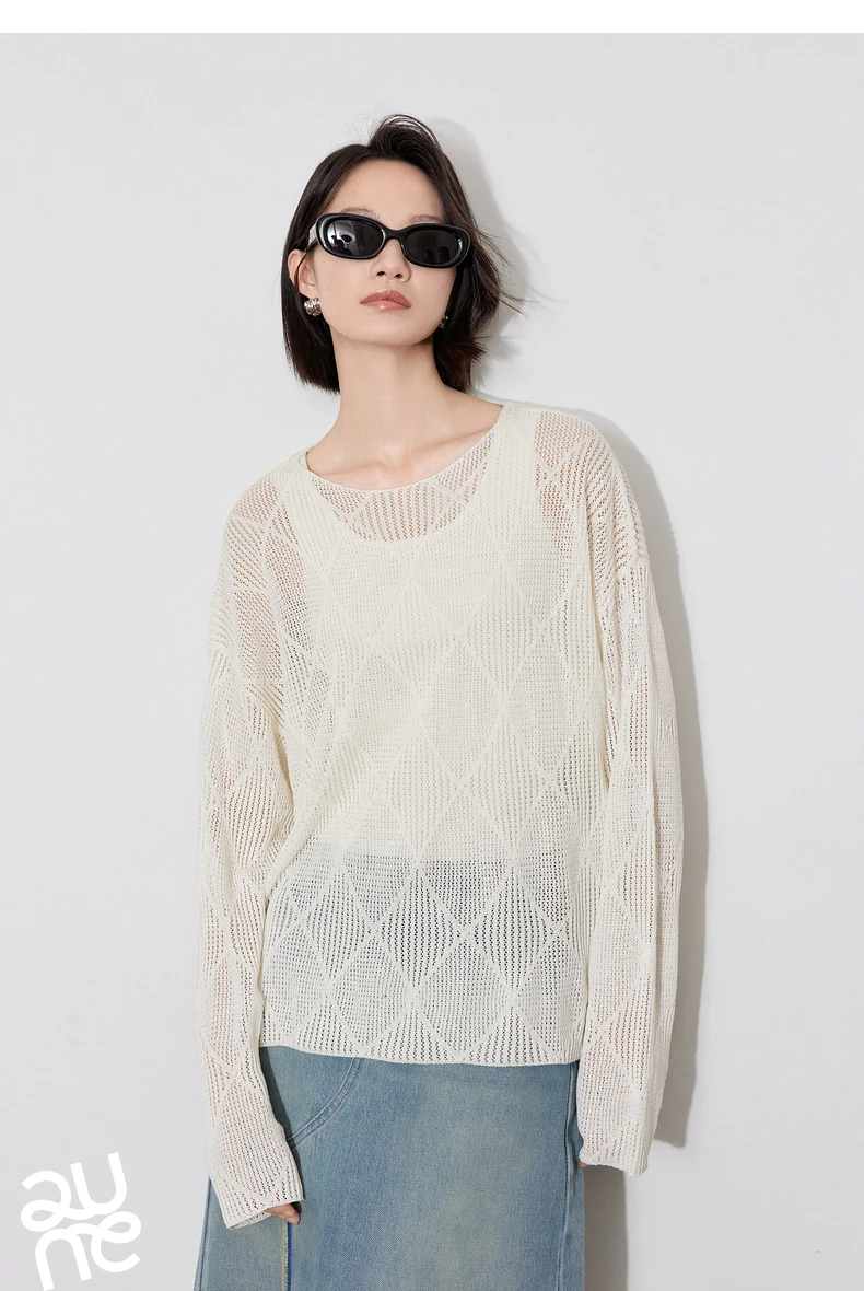 TOYOUTH Women Knitted Sweater 2024 Autumn New Style Diamond Hallow Out Pullover Round Neck Tops
