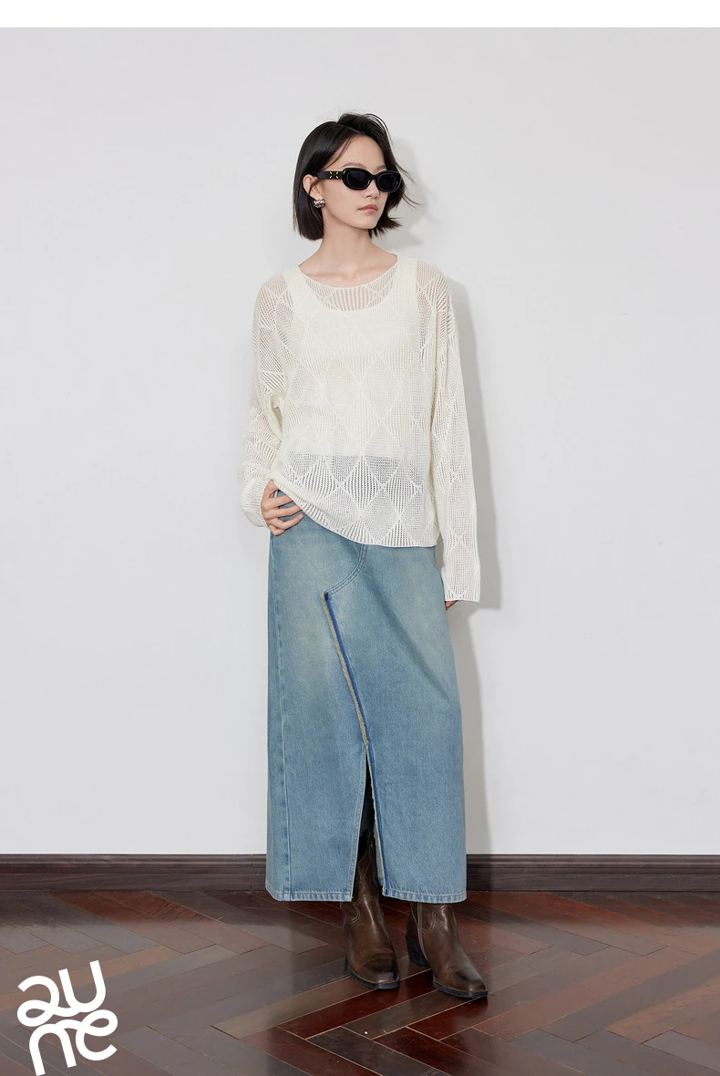 TOYOUTH Women Knitted Sweater 2024 Autumn New Style Diamond Hallow Out Pullover Round Neck Tops