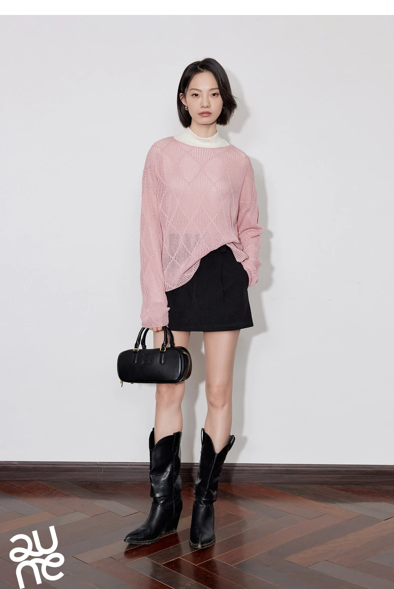 TOYOUTH Women Knitted Sweater 2024 Autumn New Style Diamond Hallow Out Pullover Round Neck Tops