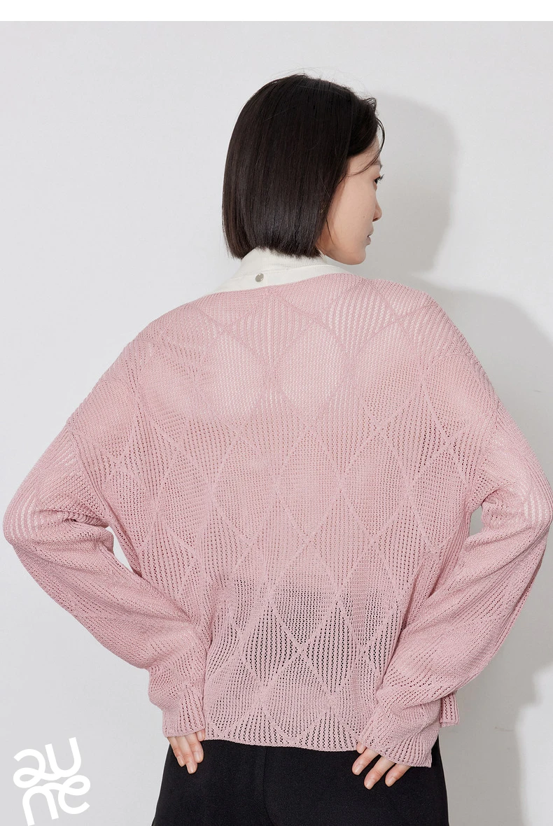TOYOUTH Women Knitted Sweater 2024 Autumn New Style Diamond Hallow Out Pullover Round Neck Tops
