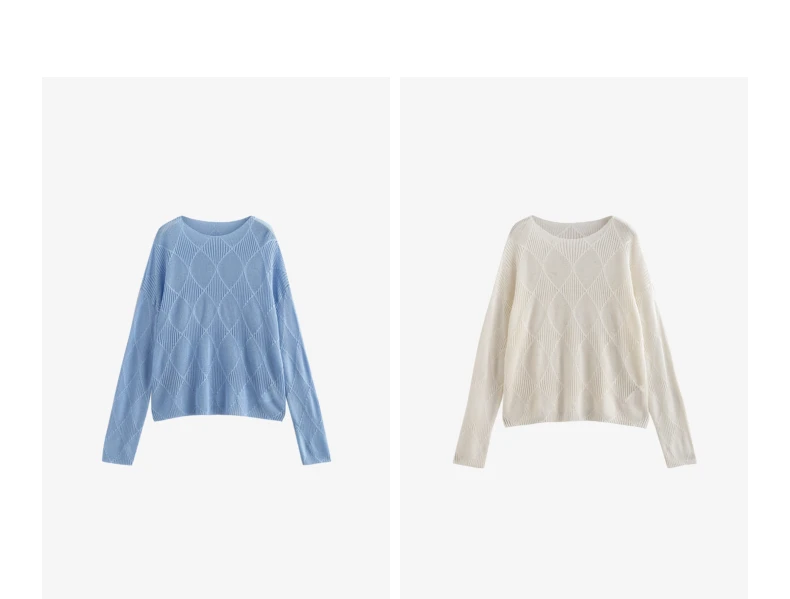 TOYOUTH Women Knitted Sweater 2024 Autumn New Style Diamond Hallow Out Pullover Round Neck Tops