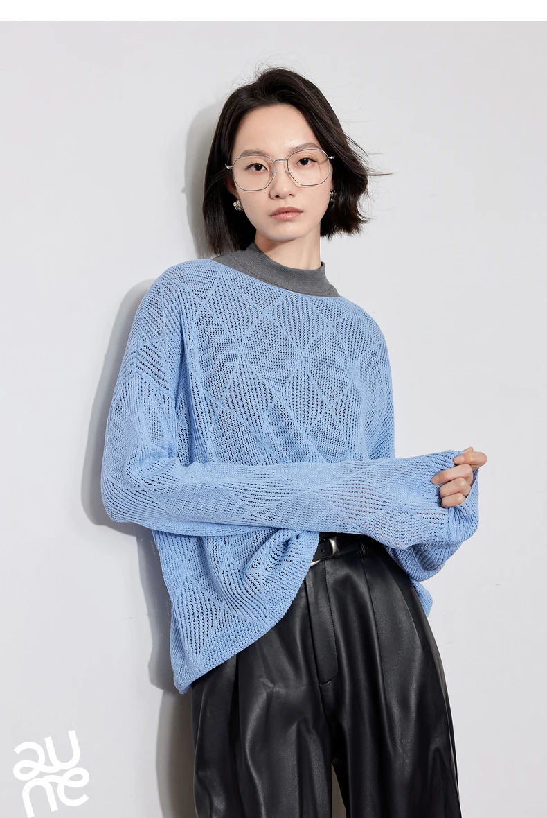 TOYOUTH Women Knitted Sweater 2024 Autumn New Style Diamond Hallow Out Pullover Round Neck Tops