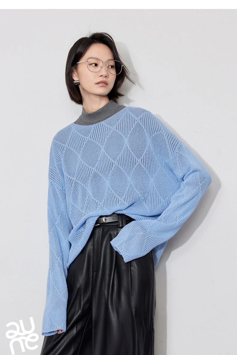 TOYOUTH Women Knitted Sweater 2024 Autumn New Style Diamond Hallow Out Pullover Round Neck Tops