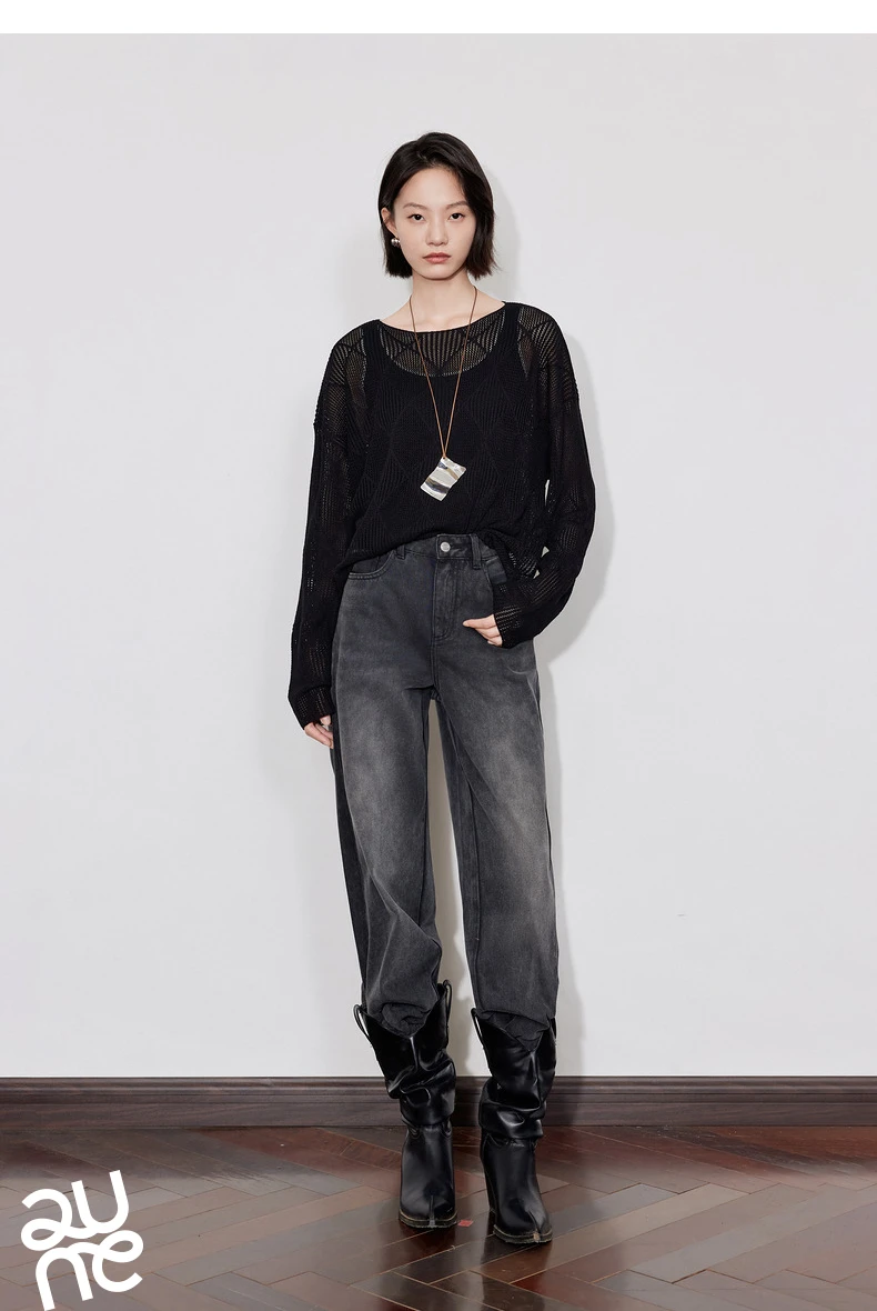 TOYOUTH Women Knitted Sweater 2024 Autumn New Style Diamond Hallow Out Pullover Round Neck Tops