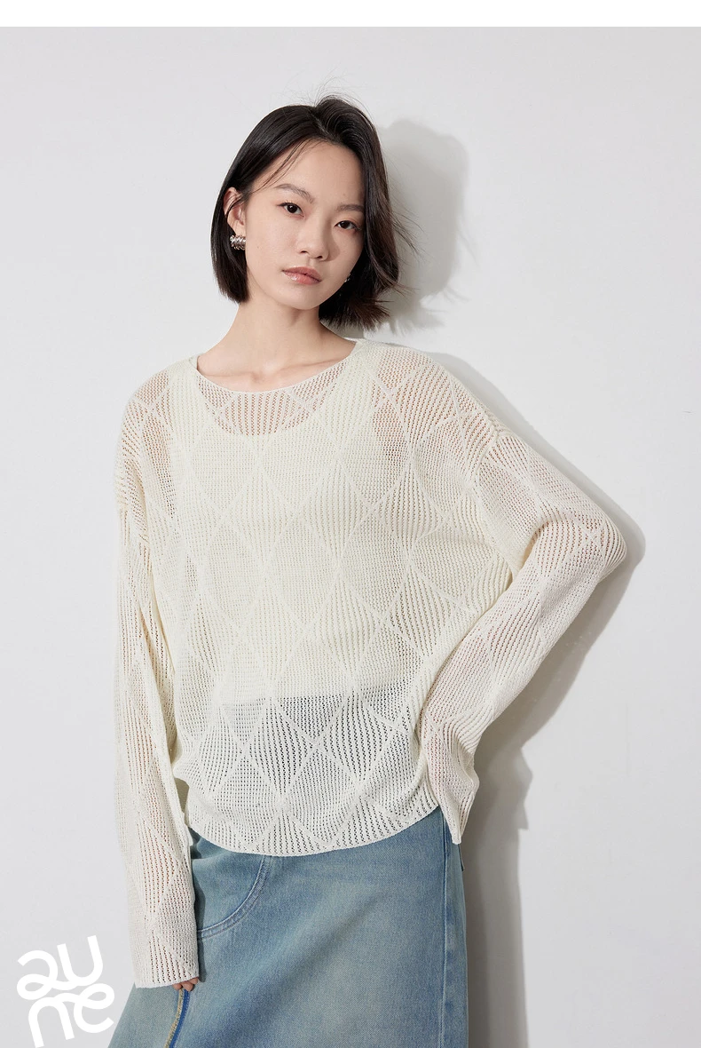 TOYOUTH Women Knitted Sweater 2024 Autumn New Style Diamond Hallow Out Pullover Round Neck Tops