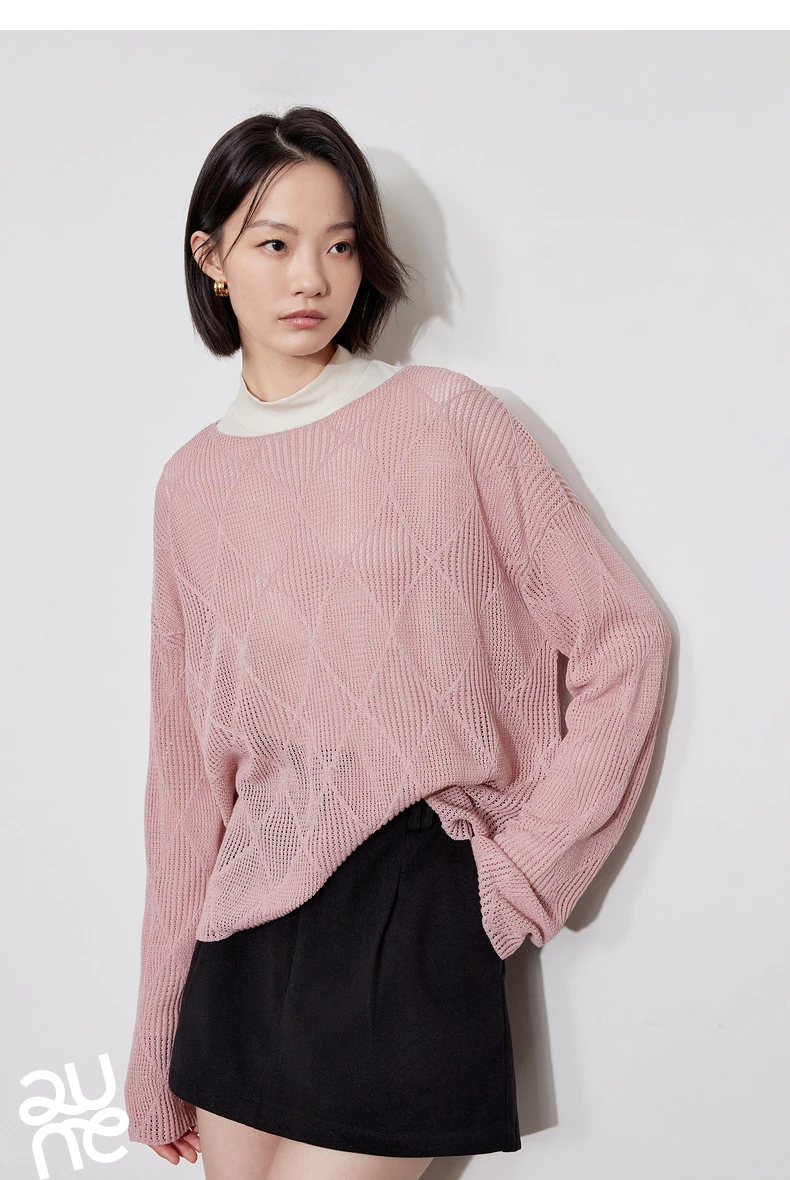 TOYOUTH Women Knitted Sweater 2024 Autumn New Style Diamond Hallow Out Pullover Round Neck Tops