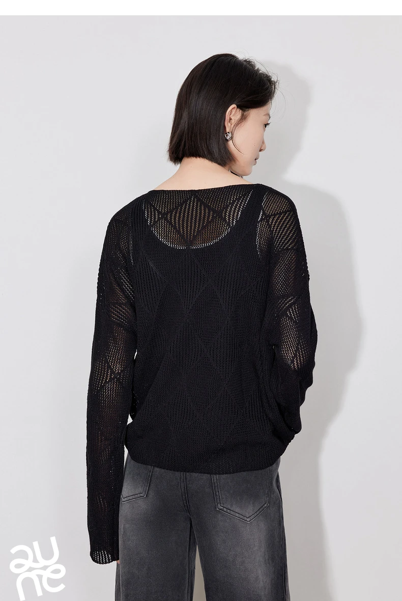 TOYOUTH Women Knitted Sweater 2024 Autumn New Style Diamond Hallow Out Pullover Round Neck Tops