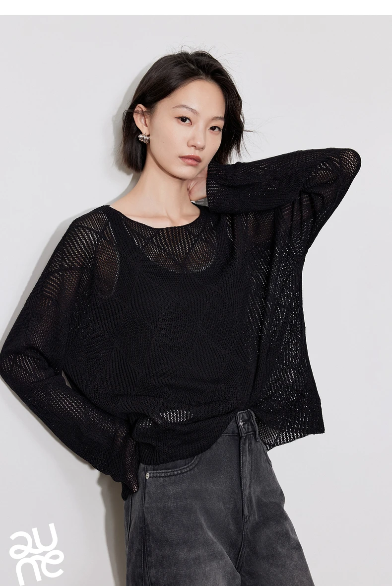 TOYOUTH Women Knitted Sweater 2024 Autumn New Style Diamond Hallow Out Pullover Round Neck Tops