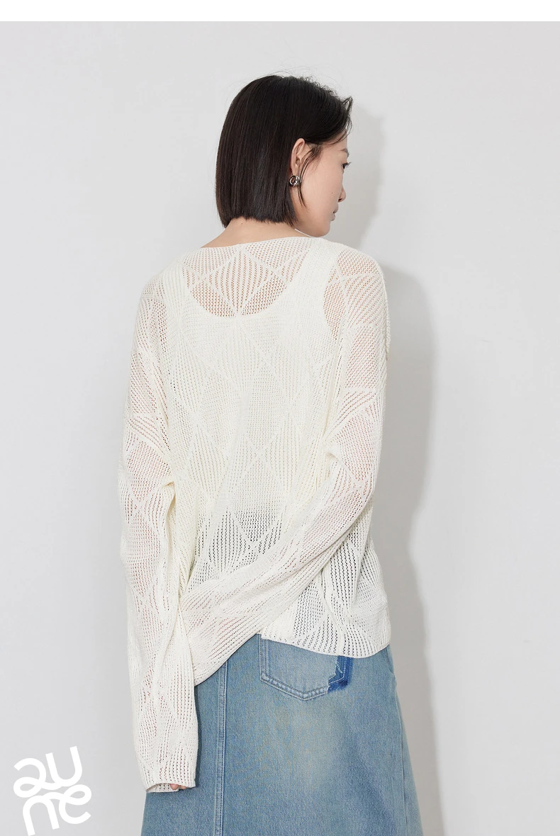 TOYOUTH Women Knitted Sweater 2024 Autumn New Style Diamond Hallow Out Pullover Round Neck Tops