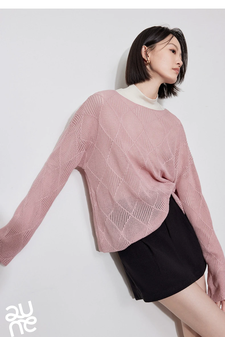 TOYOUTH Women Knitted Sweater 2024 Autumn New Style Diamond Hallow Out Pullover Round Neck Tops