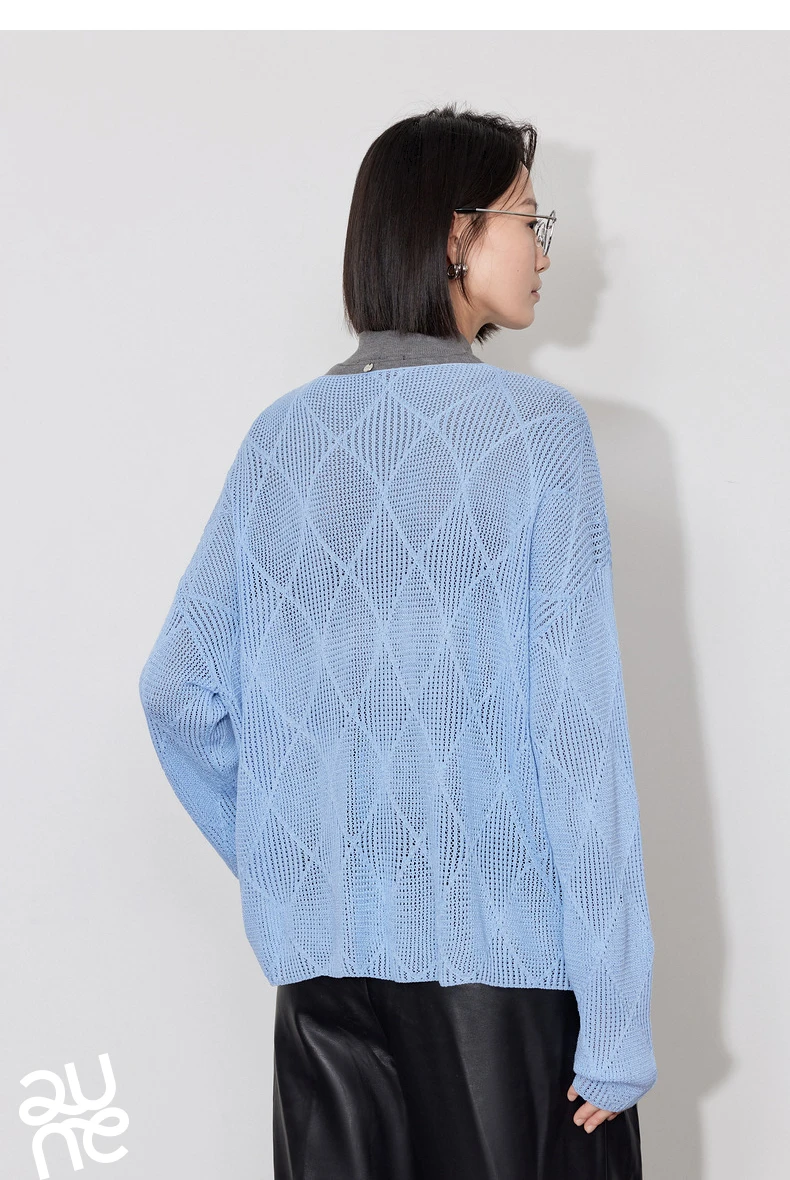 TOYOUTH Women Knitted Sweater 2024 Autumn New Style Diamond Hallow Out Pullover Round Neck Tops