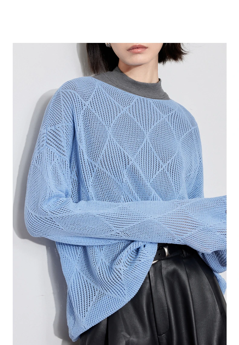 TOYOUTH Women Knitted Sweater 2024 Autumn New Style Diamond Hallow Out Pullover Round Neck Tops