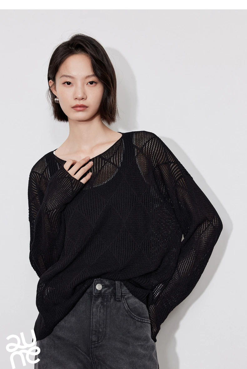 TOYOUTH Women Knitted Sweater 2024 Autumn New Style Diamond Hallow Out Pullover Round Neck Tops