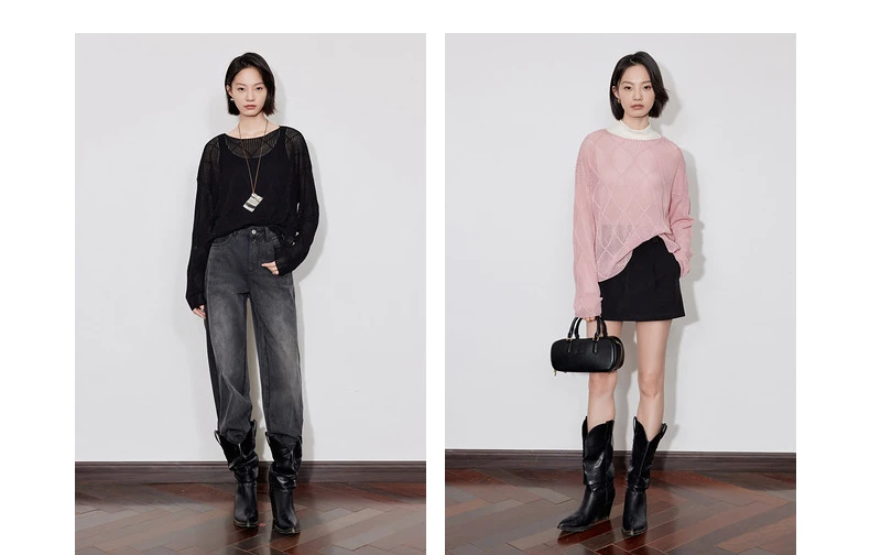 TOYOUTH Women Knitted Sweater 2024 Autumn New Style Diamond Hallow Out Pullover Round Neck Tops