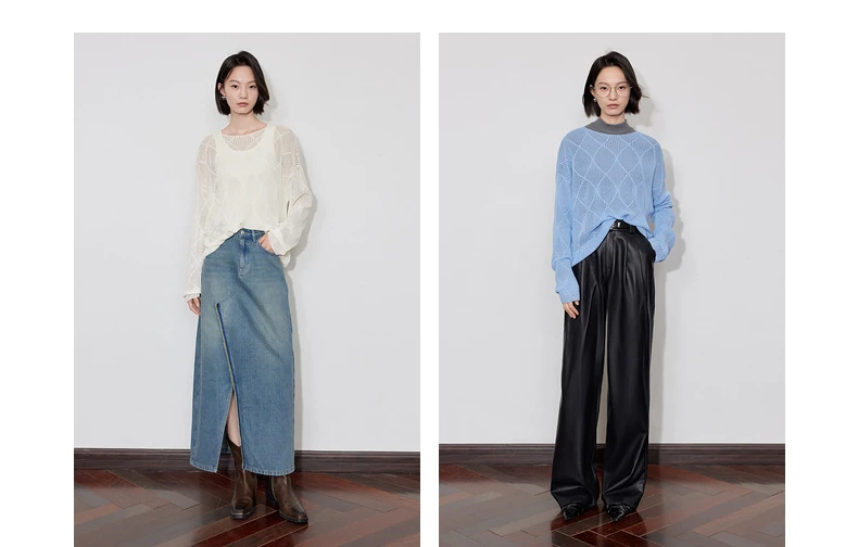 TOYOUTH Women Knitted Sweater 2024 Autumn New Style Diamond Hallow Out Pullover Round Neck Tops