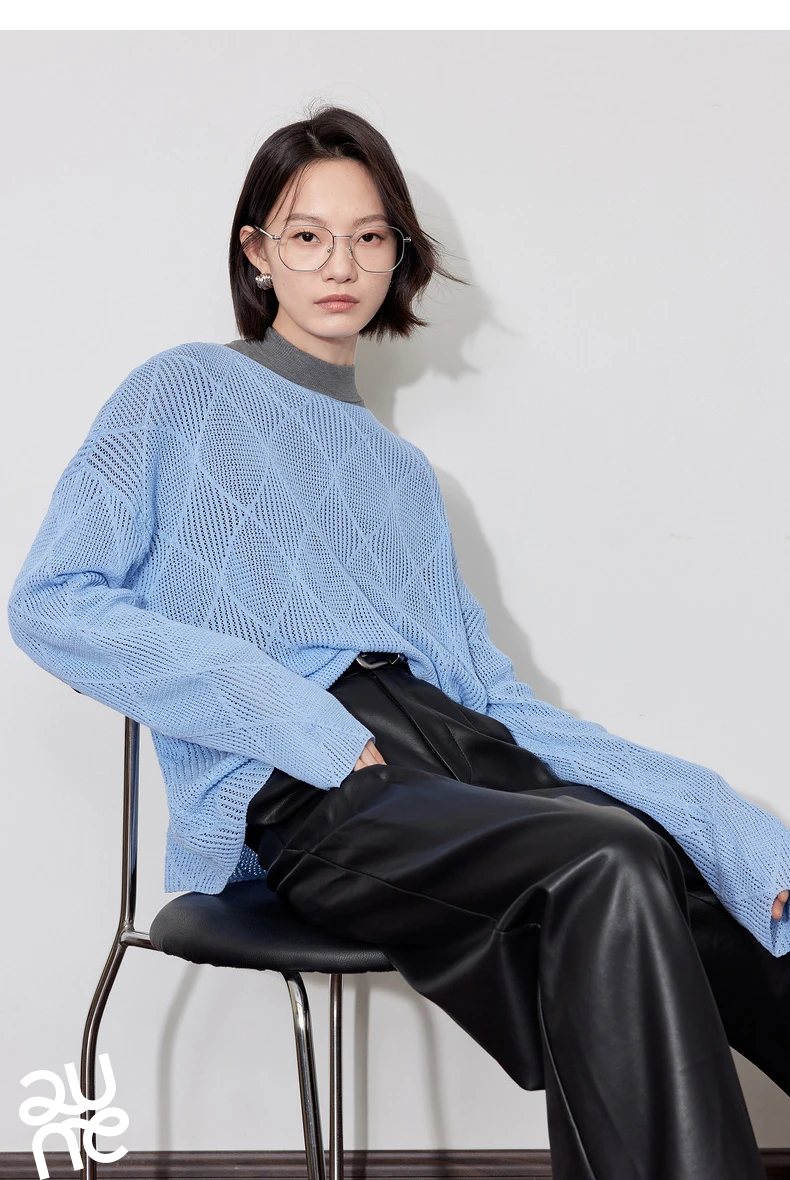 TOYOUTH Women Knitted Sweater 2024 Autumn New Style Diamond Hallow Out Pullover Round Neck Tops