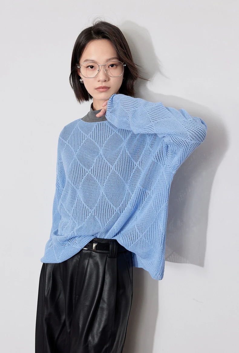 TOYOUTH Women Knitted Sweater 2024 Autumn New Style Diamond Hallow Out Pullover Round Neck Tops