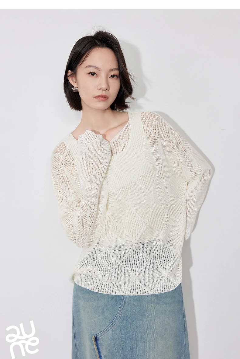 TOYOUTH Women Knitted Sweater 2024 Autumn New Style Diamond Hallow Out Pullover Round Neck Tops