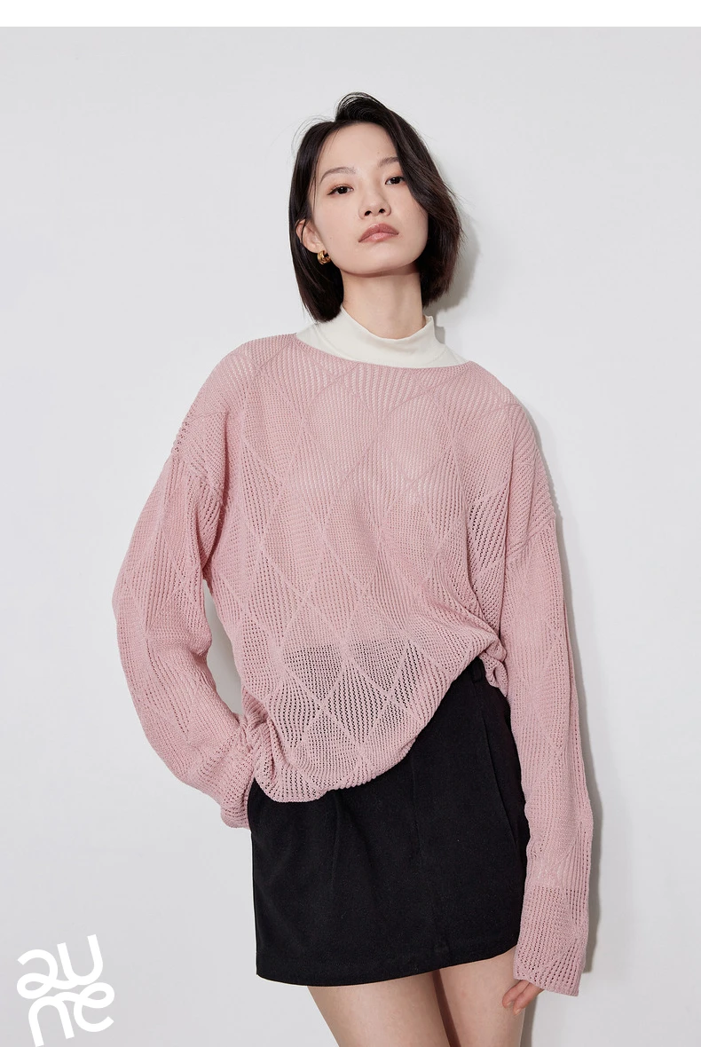 TOYOUTH Women Knitted Sweater 2024 Autumn New Style Diamond Hallow Out Pullover Round Neck Tops