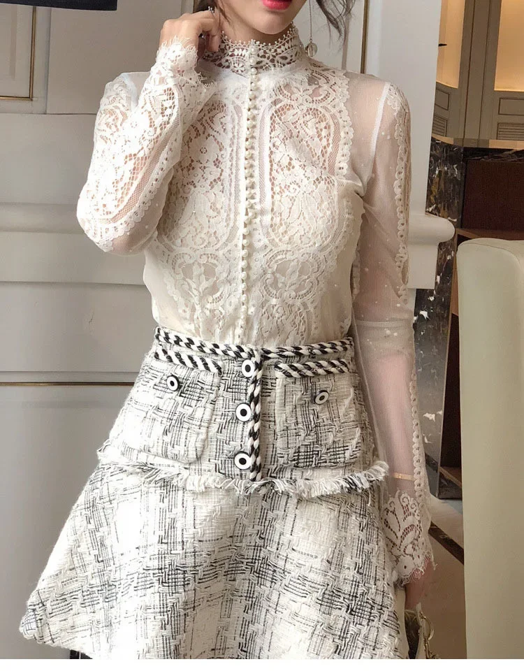 Blusas Mujer De Moda Slim Women Shirt Elegant Pearl Blouse Lady Long Sleeve Turtleneck Lace Shirts Autumn Korean Sexy Hollow Top