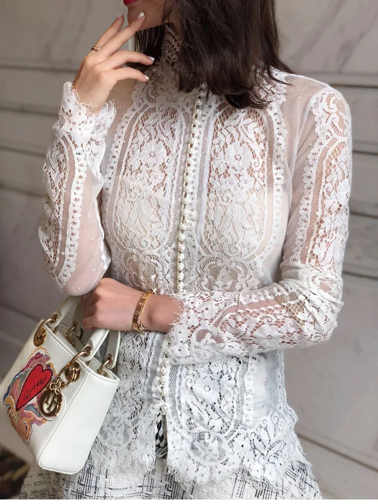Blusas Mujer De Moda Slim Women Shirt Elegant Pearl Blouse Lady Long Sleeve Turtleneck Lace Shirts Autumn Korean Sexy Hollow Top