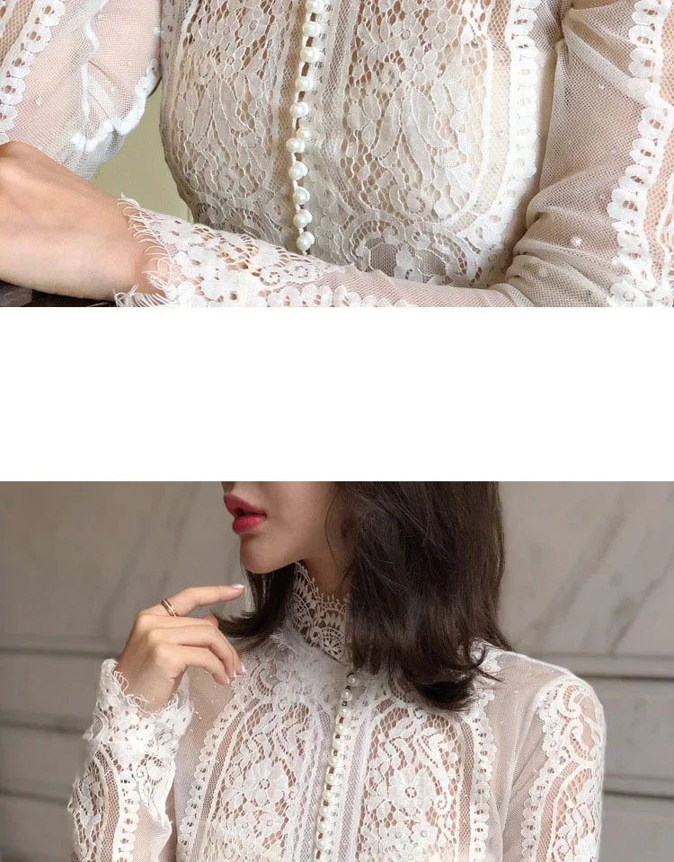 Blusas Mujer De Moda Slim Women Shirt Elegant Pearl Blouse Lady Long Sleeve Turtleneck Lace Shirts Autumn Korean Sexy Hollow Top