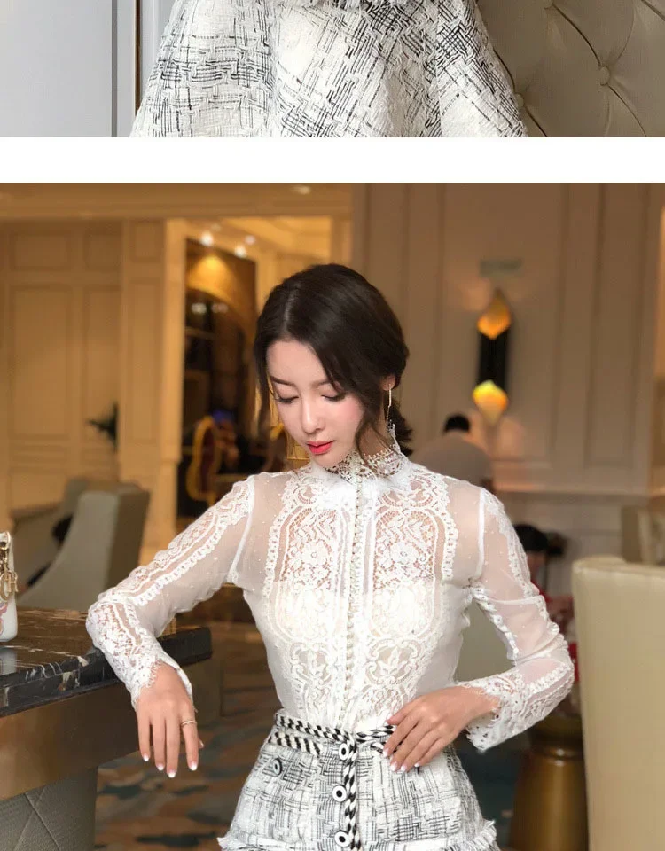 Blusas Mujer De Moda Slim Women Shirt Elegant Pearl Blouse Lady Long Sleeve Turtleneck Lace Shirts Autumn Korean Sexy Hollow Top