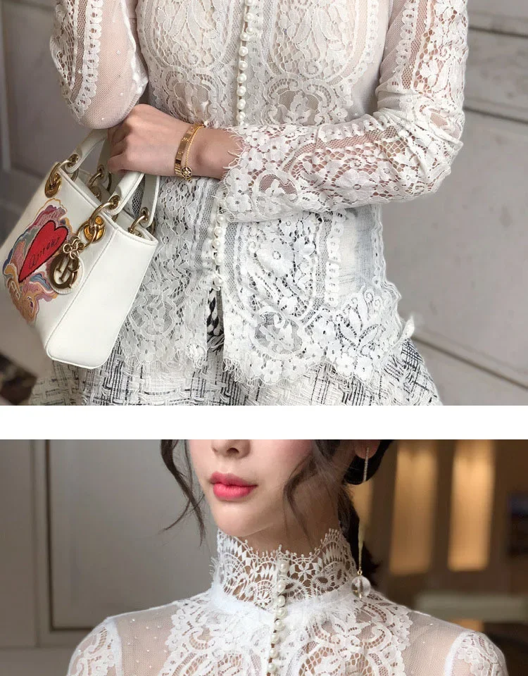 Blusas Mujer De Moda Slim Women Shirt Elegant Pearl Blouse Lady Long Sleeve Turtleneck Lace Shirts Autumn Korean Sexy Hollow Top